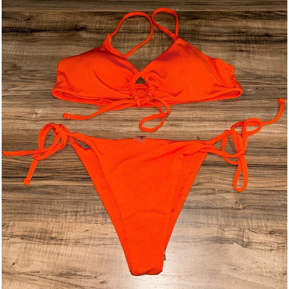 Women's Ribbed 2 Piece Cheeky Bright Orange Bikini, Medium‎